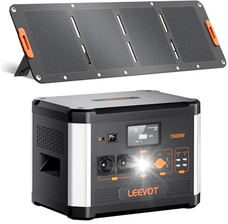 LEEVOT Centrale Elettrica Portatile e 200W Pannello Solare,1536Wh LiFePO4 Batteria Backup Generatore, 1500W AC Uscite (Power Lifting 3000W) 100W Type-C, Campeggio, Viaggio