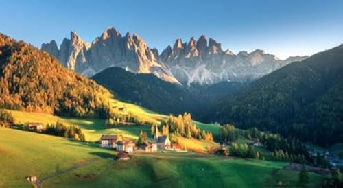 adrium Acryl-Bild 70 x 40 cm: Landschaft mit Dorf mit Häusern, Kirche, grünen Wiesen, Bäumen, Felsen, blauem Himmel. Santa Maddalena im Gebirgstal bei (116504754)