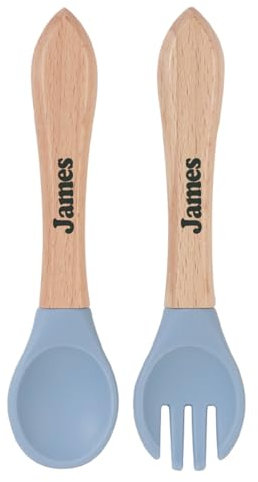 TYRY.HU Baby Löffel und Gabel Fütterung mit Namen Set Kinderbesteck Besteckset Gegenkokals Silikon Mit Holz Griffe Esslernbesteck Selbstfüttere Utensilien für Baby Absetzerhäuser