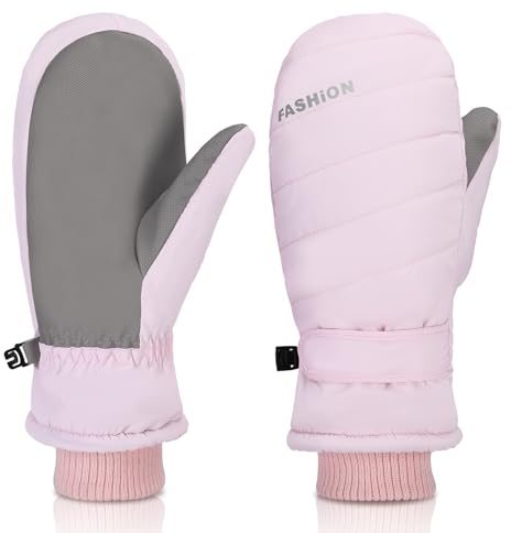 Meng Jiaran Ski Mittens for Women, Winter Waterproof Ski Gloves Anti Slip Touch Screen Thermal Windproof Snowboard Gloves with Fleece for Skiing Hiking Cycling Running (Pink)