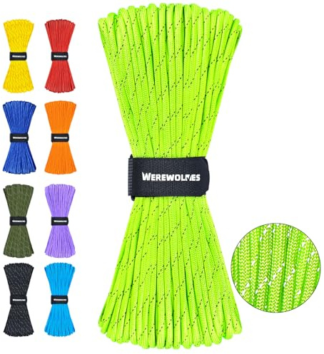 WEREWOLVES Reflective Paracord Rope 100FT, 7 Strand Type III Parachute Cord 4mm Thin Tent Rope for Outdoor Camping Hiking (Neon Green, 100FT) | 50 paracord 100FT Reflective Paracord for Tent Camping Hiking Fishing Survival Tactical Clothesline