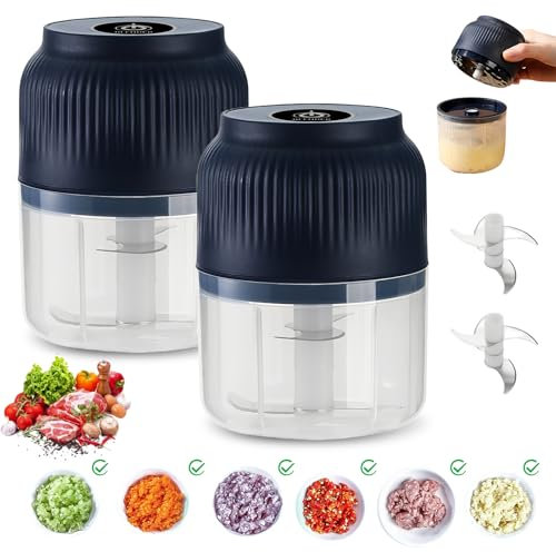 WIYETY 2 mini picadoras eléctricas, 300 ml, picadora de batería, picadora de cocina eléctrica con puerto USB, picadora de ajos, mini cortador de cebolla, para cebolla, verduras, frutas, frutos secos