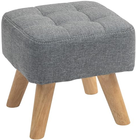 HOMCOM Modern Tufted Footstool, Fabric Foot Stool with Rubber Wood Legs, Padded Seat, for Living Room, Bedroom, Entryway, Grey