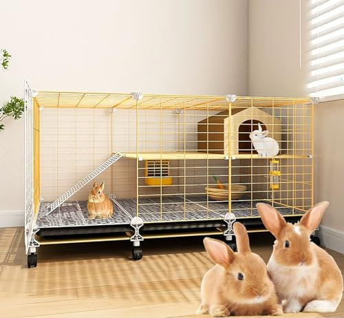 Kleintierkäfig, großer Hamsterkäfig mit 360°-Universalrädern, Metall und PP-Material, Meerschweinchenkäfig, Drahtgitter, Villa (105 x 35 x 53 cm)