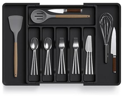Zuvo Expandable Large Plastic Cutlery Organiser - Black Tray for Kitchen Utensils - Perfect for Large Drawers