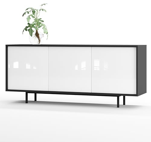 SIMPLYFURN Sideboard Akia Kommode, Anthrazit/Weiß Hochglanz, 154x40x66 cm | Metallfüße, Push-to-Open, Lowboard für Wohnzimmer oder Flur, verstellbare Einlegeböden