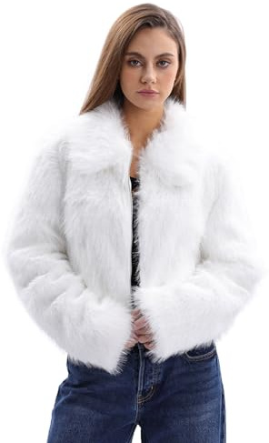 Amazhiyu Womens Faux Fur Coat-Winter Plush Zip-Up Winter Jacket with PocketWhite L