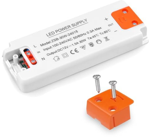 Trasformatore LED 30W 12V/1.5A - Adattatore a Tensione Costante 240V CA a 12V CC per Luci da Armadio, Strisce Luminose, Display e Lampadine G4, MR11, MR16