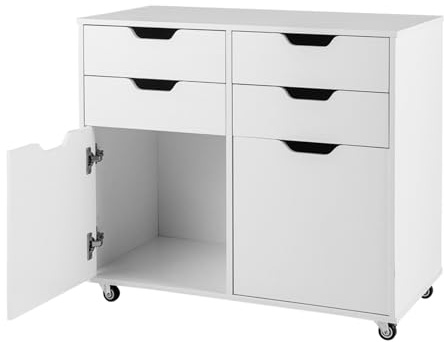 GIANTEX Rollcontainer mit 4 Schubladen & 2 Schränke, Aktenschrank mit Rollen, Schubladenschrank Holz unter Schreibtisch, Druckertisch für Zuhause & Büro (Weiß, 73 x 40 x 64,5 cm)