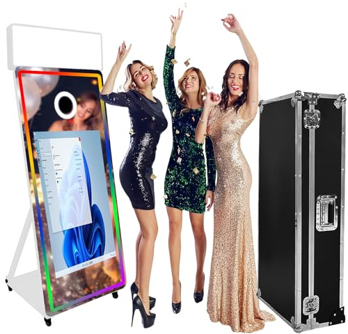 WideMeet Tragbare Kamera Spiegel Photo Booth mit 43 Zoll Touchscreen Selfie Photobooth Maschine DSLR Booth mit Flight Case für Hochzeit Party Event (Weiße Maschine)