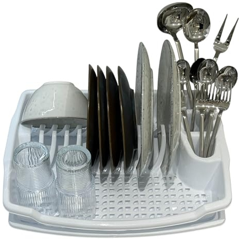 Jolie Max Plastic Dish Drainer Rack with Removable Drip Tray – Compact Kitchen Counter Rack with 3 Cutlery Holders, Holds Up to 12 Plates, (43 x 35 x 8 cm) (WHITE)