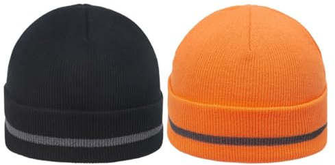 Bonnet Tricoté Réfléchissant Fluorescent Homme 2 Pièces Acrylique | Bord Roulé, Design à Bande Réfléchissante, Noir et Orange, pour Ski et Usage Quotidien