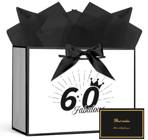 AOOSU Geschenktüte 60 Geburtstag, Papier Geschenktüten mit Schleife + 1 Grußkarten +3 Seidenpapier, Weiß Geschenktaschen Frauen Männer 60th Birthday Gift Bag, Geschenkverpackung für Geschenk Jahrestag