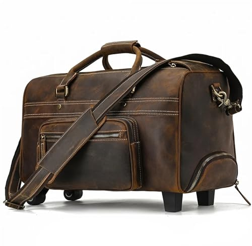 Echtes Leder Hand Laugage Reisetasche mit Rollen Männer Frauen Reisetaschen Handtaschen(Dark Brown)