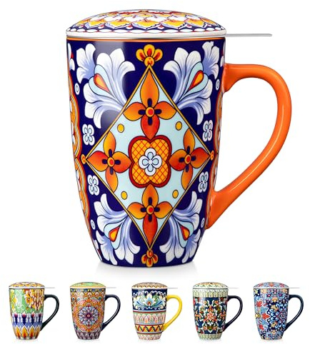 vancasso Teetasse mit Deckel und Sieb, 540ml Keramik Teetasse Groß, Schöne Tassen mit Siebeinsatz Für Losen Tee, Spülmaschinen- & Mikrowellenfest, Teebecher Geschenke Für Teeliebhaber