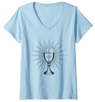 Femme Calice catholique Eucharistie Coupe Religieuse église chrétienne T-Shirt avec Col en V