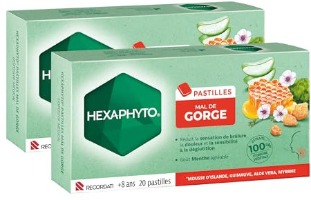 Hexaphyto | Pastilles Mal de Gorge | Réduit la douleur et la sensation de brûlure | Réhydrate & apaise | Mousse d'Islande, guimauve, aloe vera, myrrhe | Goût Menthe | Dès 8 ans | lot de 2x20 pastilles
