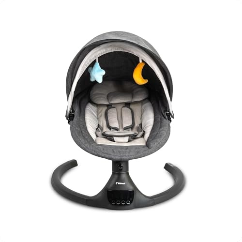 Kidnort Svaie Babywippe elektrisch Babyschaukel bis 9 kg mit Fernbedienung Bluetooth 5 Schaukelstufen Batterie oder Stromanschluss 5 Punkt Gurt Sonnenverdeck Moskitonetz Schwarz