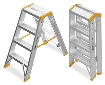XM-Systeme® Alu-Stufenstehleiter 2 x 4 Stufen – rutschfeste, stabile Trittfläche nach TRBS 2121-2, kompakte Slide-Stop-Stufen – Profi Stehleiter für Industrie & Handwerk - GS-geprüft - Trittleiter