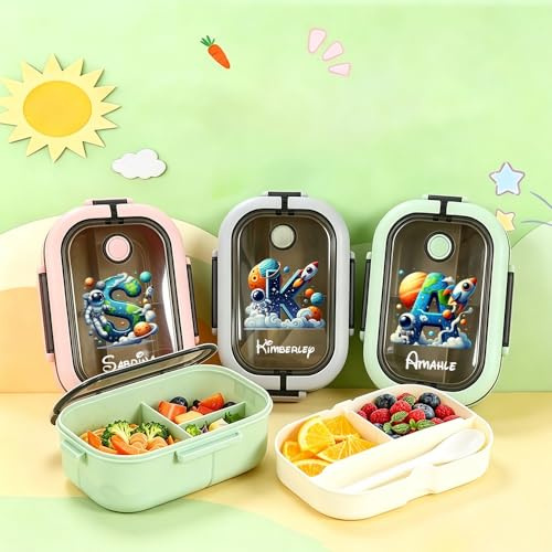 Zouwii - Lonchera personalizada con tema espacial - Caja bento a prueba de fugas con divisor, contenedor de almuerzo personalizado para la escuela, guardería, picnic (incluye juego de cuchara y