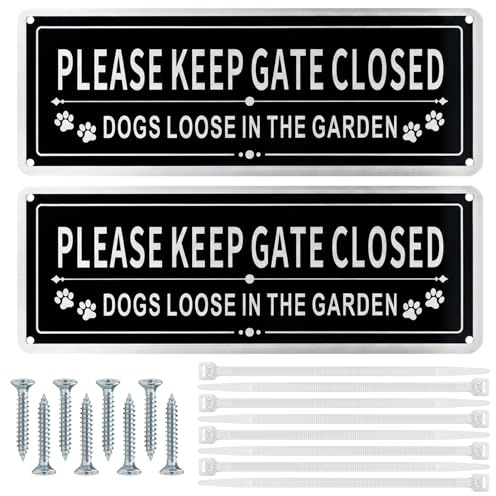2 PCS Please Close the Gate Sign, Keep Gate Closed Sign Dogs, Beware of the Dogs Sign Outdoor Gate, Weatherproof Metal Dog Signs for Gates, Fence, Garden and Yard Entrance, with Cable Ties and Screw