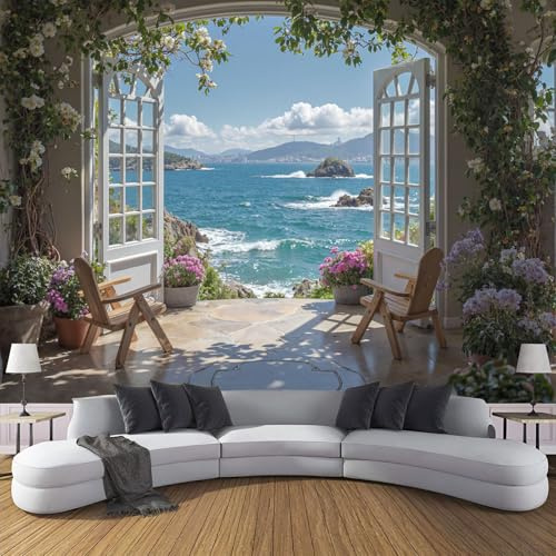 Fotomural Terraza Con Vistas Al Mar 350x256cm papel pintado panorámico Fotomural Papel pintado no tejido moderno Mural de pared Dormitorio Salón Costa Océano