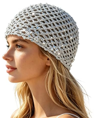 Damen Handgefertigte Häkelmütze Mädchen Mesh-Häkel-Haarnetz mit Pailletten Gestrickte Haarnetz Glitzer-Pailletten Netz Häkelmütze Mode Hut Weiche Strickmütze