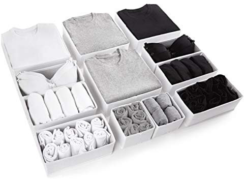 Eco Home Store Drawer Organizer Divider for Clothes, Underwear, Socks, Bras & Accessories – Premium Foldable Cotton Storage Boxes for Bedroom, Wardrobe & Desk – 12 Pack – White