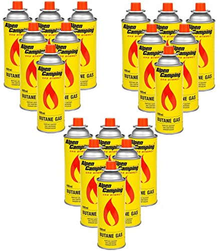 Alpen Camping Butan 18 x 400 ml gaspatroner, gasflaska för gasspis, campingspis, bunsenbrännare, lödbrännare, 400 ml, EN417 (18)
