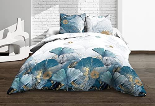 Le linge de Jules 220x240 - Ginko Bleu Housse de Couette 220x240 + 2 taies - Pur Coton 57 Fils - Ginko Bleu