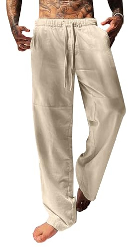 YAOBAOLE Herren Sommerhose Lang Elastikbund Loose Fit aus Leinen Khaki L