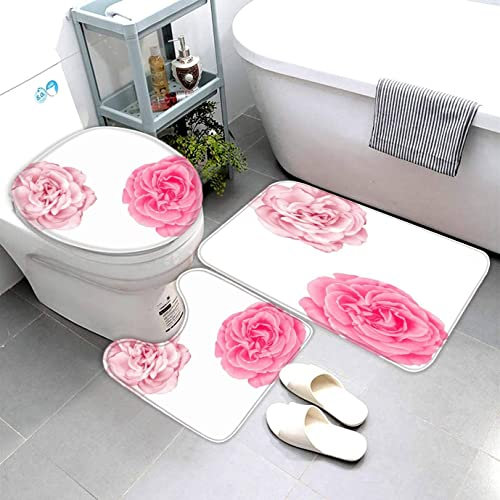 AOLIGL Badezimmermatte Set Weiß 3D Drucken Rosenblüte Rosa Teppich Badezimmer Badgarnitur 3teilig Mikrofaser Bath mat U-förmigen Contour Matte- WC Vorleger 40 x60