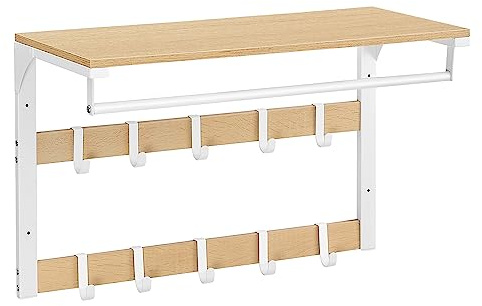 VASAGLE Wandgarderobe, mit Ablage, Wandregal mit 10 abnehmbaren Haken, Hängeregal, Wandmontage, 2 Garderobenleisten, Kleiderstange, für Flur, Schlafzimmer, Badezimmer, eichenfarben-weiß LCR101W09
