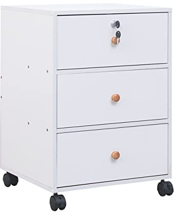 Büro Rollcontainer mit Schubladen abschließbar, mobiler Aktenschrank mit Schloss für Homeoffice, platzsparender Schreibtischunterschrank mit Rollen für Akten & Schreibwaren (3 Schubladen, Kiefer)