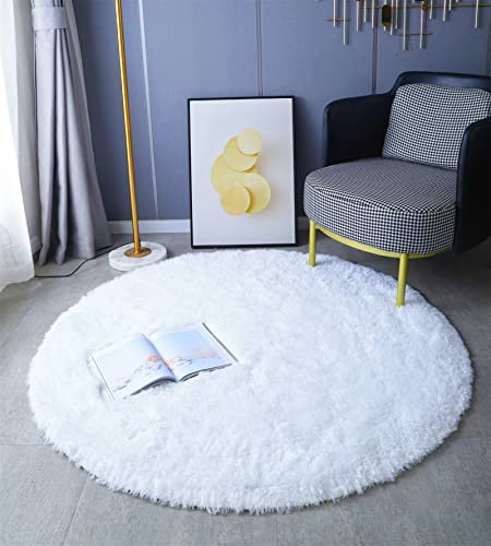LYKEJI Runder Teppich, Langflor, Modern, für Wohnzimmer, Schlafzimmer, Esszimmer Komfortable Hochflor-Bodenmatte Anti-Rutsch-Teppich (160cm X 160cm, Weiß)