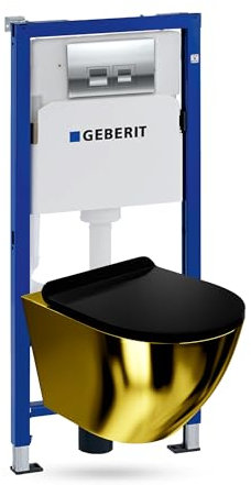 Lavita Duofix Basic Vorwandelement + Wand Tiefspül WC Sofi Slim Gold/Schwarz Spülrandlos + WC Sitz+ Bedienplatte Delta 25 Verchromt Knopf Komplettset Unterputz Spülkasten Toilette Komplett Sett WC