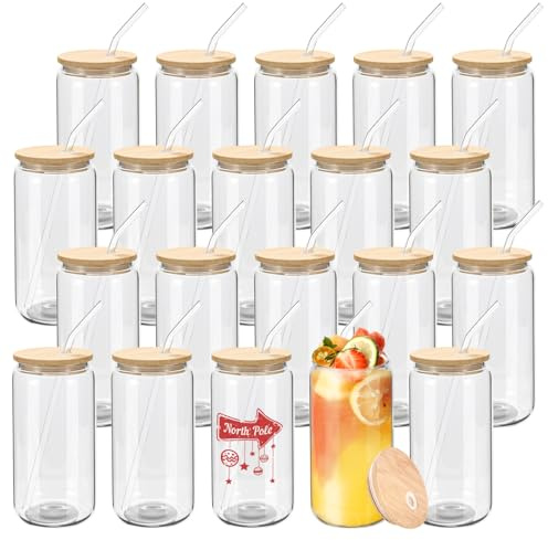 WHEATHUSK 20 Pack Glass Cups with Bamboo Lids and Glass Straws 16oz Clear Glass Tumblers Beer Can Shaped Drinking Glasses Iced Coffee Cups, Cute Tea Cups for Whiskey, Soda, Cocktail, Gift