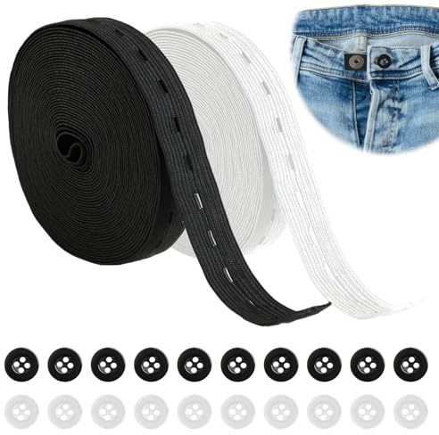 2 Rollen Elastisches Nähband Set mit 20 Kunstharz-Knöpfen, 14 m (15 Yards) Gummiband in Schwarz und Weiß für Hosenrock Stirnband, DIY Näharbeiten und kreative Projekte(Breite 20mm)