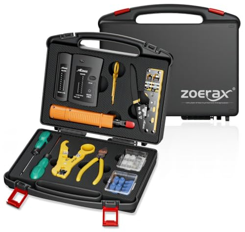Netzwerk-Werkzeugset, ZOERAX 11 in 1 Professionelles RJ45 Crimpwerkzeug-Kit - Pass Through Crimper, RJ45 Tester, 110/88 Punch Down Tool, Stripper, Cutter, Cat6 Pass Through Steckverbinder und Stiefel