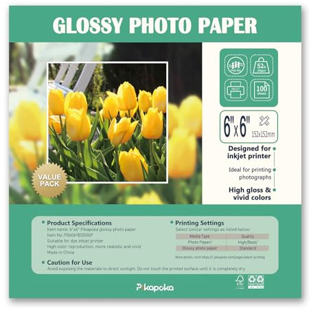 Pikapoka Fotopapier, glänzend, 23,6 kg, quadratisches Fotopapier für Farbstoff-Tintenstrahldrucker, 200 g/m², 100 Stück