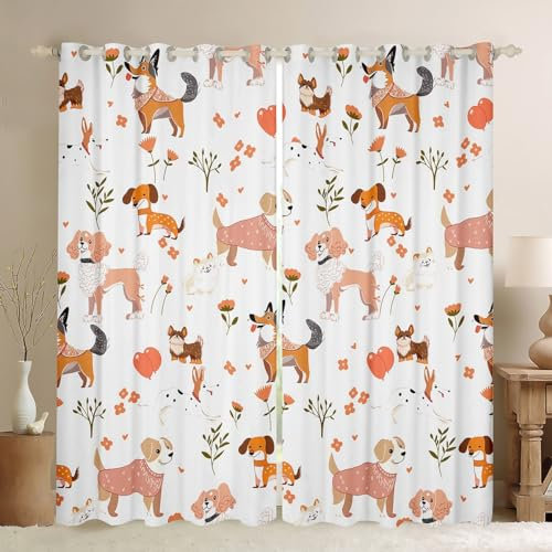 Nette Hunde Kinder Vorhang Home Decor, Cartoon Welpen Familie Haustier Tier Fenster Vorhänge für Mädchen Jungen, Kawaii Blumen Blätter Rosa Weiß Fenster Behandlung Vorhänge für Büro, XXL Größe