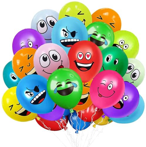 LUKIUP 200 globos de látex serie Emotion, 12 pulgadas, multicolor, globos de aire smiley, lindos y divertidos, para niños unisex, para decoración de cumpleaños, niños y niñas