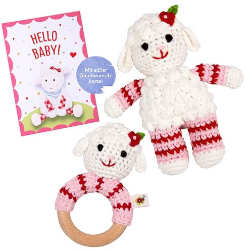 Die Spiegelburg & BabyGlück: Baby Häkel-Rassel & Ringrassel Lämmchen im Set, mit exklusiver Glückwunschkarte, Babyspielzeuge für die ersten Monate, Geschenkidee für Neugeborene