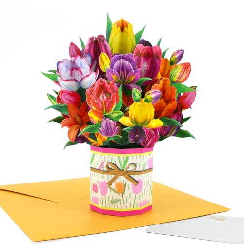 Fassory 3D Pop up Flower Card, Handmade Tulip Bouquet Birthday Card Anniversary Card Get Well Soon Card for Partner, Daughter, Parents, Siblings (Tulip Bouquet)