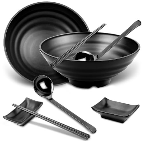 2 Piezas Ramen Bowl Conjuntos 1020ml Cuenco Ramen Bol Ramen Negro con Palillos de 24cm Cuchara y Cuenco para Salsas para Fideos Fideos Pho