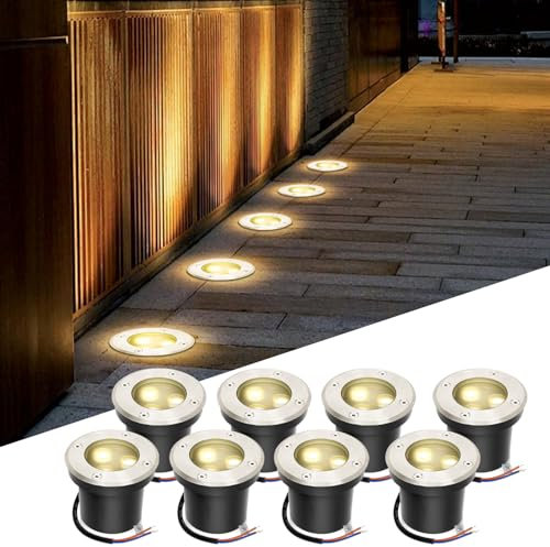Fiqops 8x Faretti da pavimento esterni con LED 3W Bianco caldo IP65,faretti incasso tondi neri opachi,carrabili 230V,perfetti per giardino,piscina,piante e illuminazione esterna