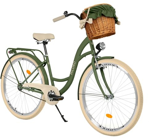 MILORD Damenfahrrad Citybike Komfort Mit Weidenkorb Vintage Fahrrad, 26, 28 Zoll, 1-Gang