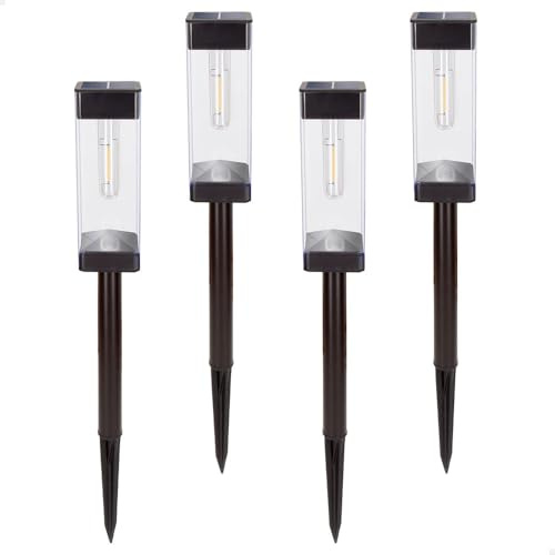 AKTIVE Set 4 balizas solares LED 6 lúmenes, Iluminación exterior para jardín y caminos, Luz cálida, Con estaca, Carga solar, Botón ON/OFF, IP44, Autonomía 8h, Instalación sin cables (61575)