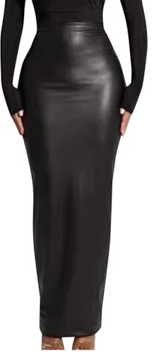 FGVFCS Damen Röcke Lackleder Rock Lang Stretch Abendskorts Bodycon Maxi Elegant Wetlook Sexy Hohe Taille PU Leder Skorts Party Clubwear Schwarz Weiß Rock Skinny Bleistift Unterröcke, Black50, S
