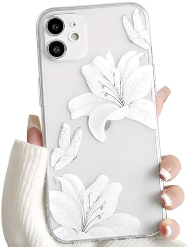 NITITOP for iPhone 12 Mini Case Clear Cute Flower Lily, White | for Women Girls, Aesthetic Floral Butterfly Design, Transparent Soft TPU Shockproof Cover, Full Camera Protection